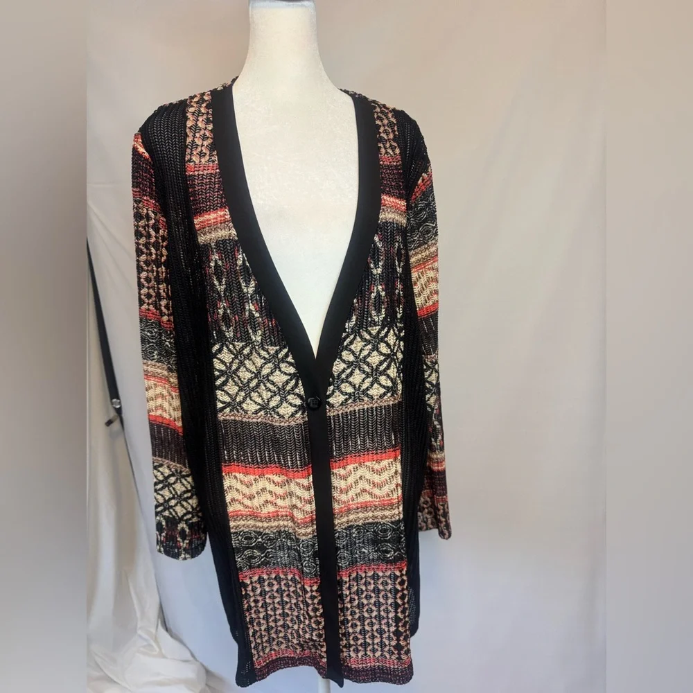 Catherines Black, Red, and Cream Textured Patterned One- Button Cardigan,
